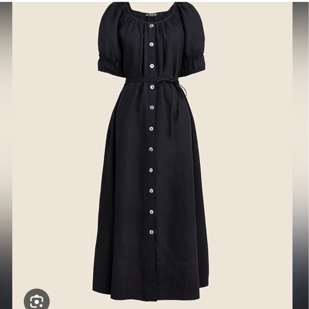 J.Crew Women Black 100% Linen Puff Sleeve Button Front Midi Dress Size S